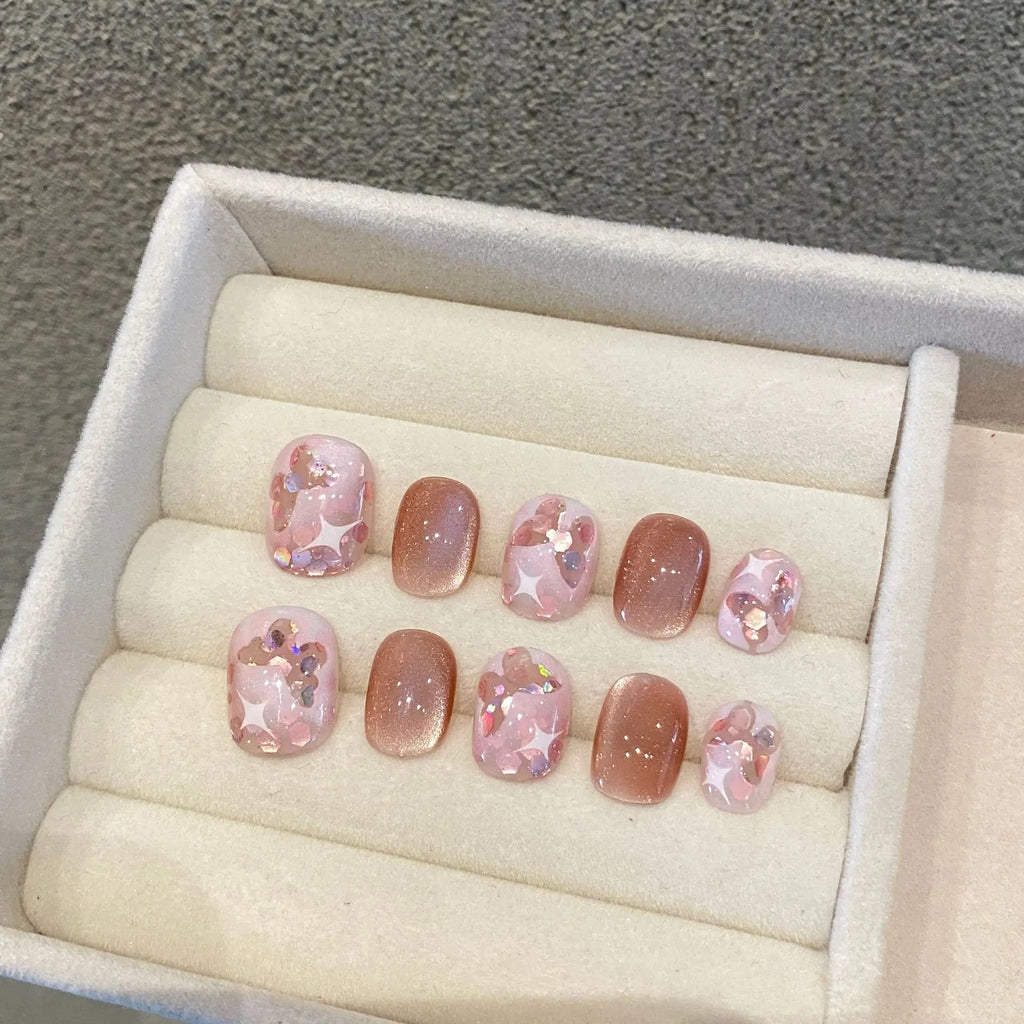 Korean Short Press On Nails – Pink Bow Diamond False Nails