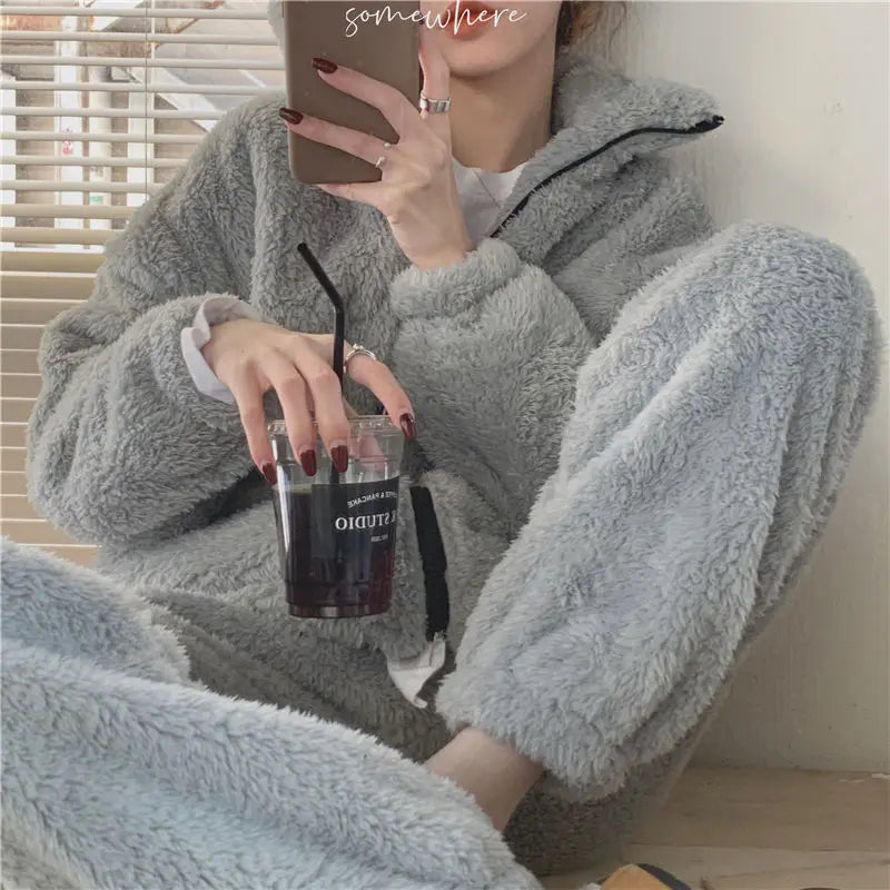 Women's Winter Fleece Pajama Set – Zip-Up Turtleneck Sleepwear