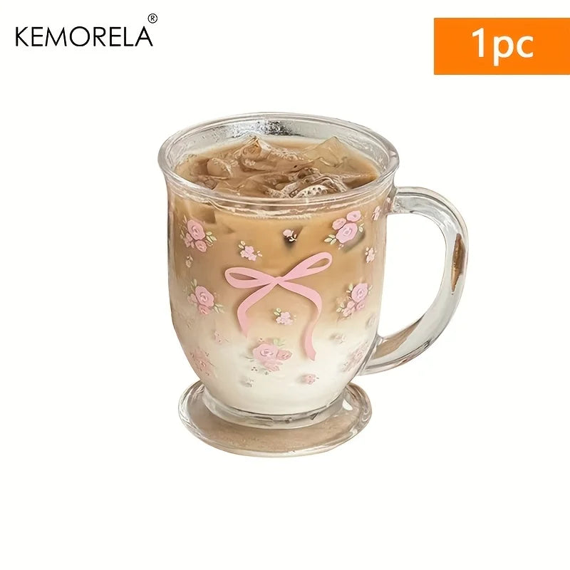 KEMORELA 450ml Floral Rose Glass Cup | U-Shaped Coffee Glass