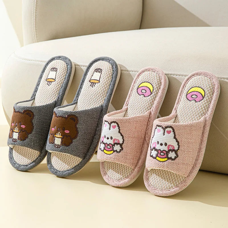 Women's Linen Indoor Slippers – Flat Non-Slip Lightweight Slides