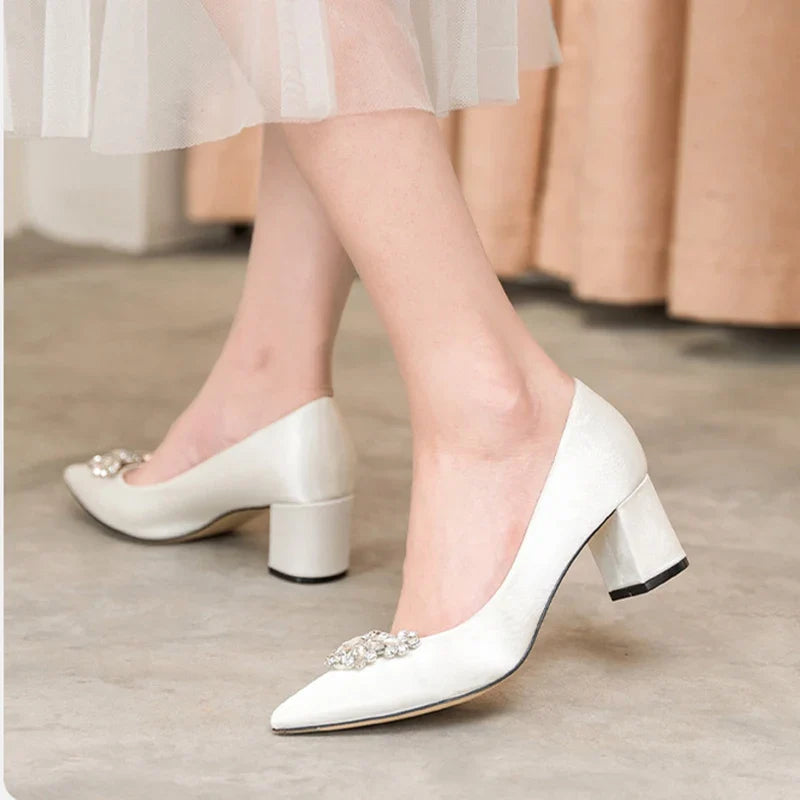 White Rhinestone Bridal Pumps – Pointed Toe Block Heel Sizes 34–43