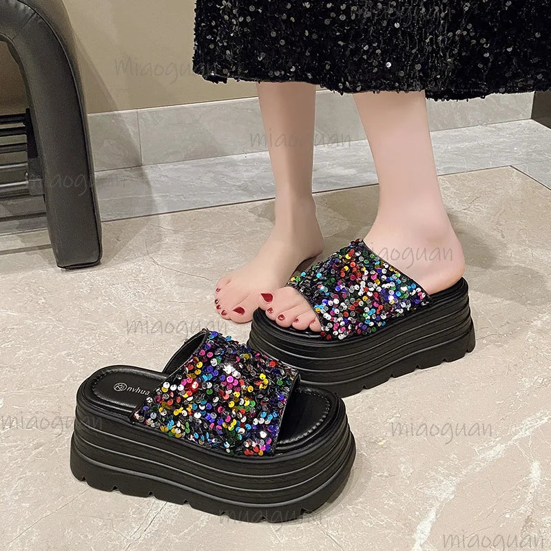 Women's Platform Wedge Slides – Sequin Peep Toe Sandals 8cm