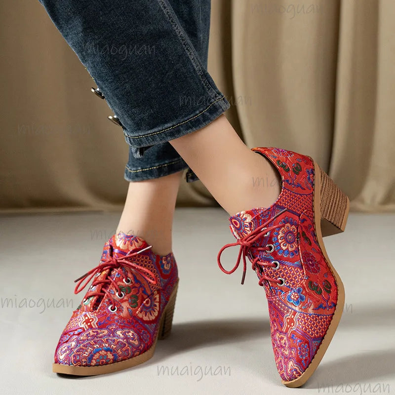 Printed Lace-Up High Heel Pumps – Women's Round Toe Shoes