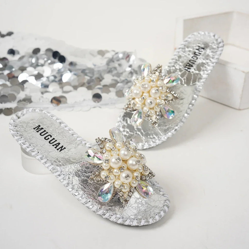 Gold Crystal Flower Slides – Women's Bling Flat Sandals