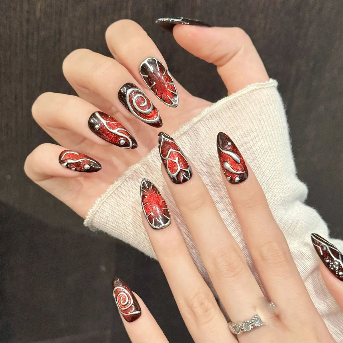 Y2K Cat's Eye Press-On Nails – Retro Red Brown Almond 10pcs