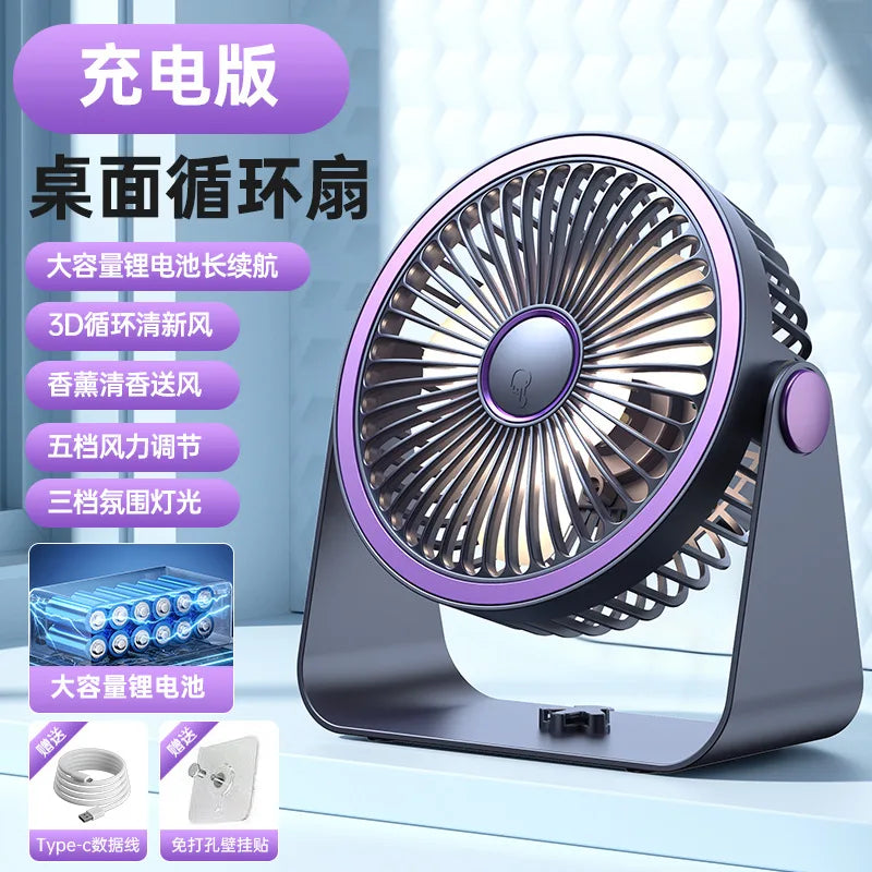 URGGU USB Rechargeable Circulator Fan with LED Night Light