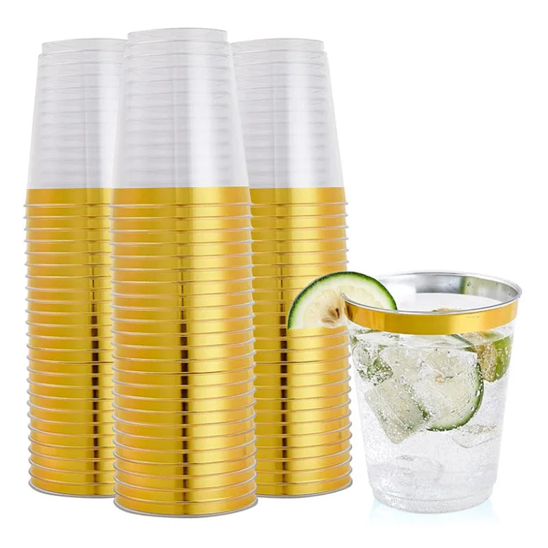 Gold Rimmed Plastic Cups Clear Tumblers Fancy Disposable Hard Rim