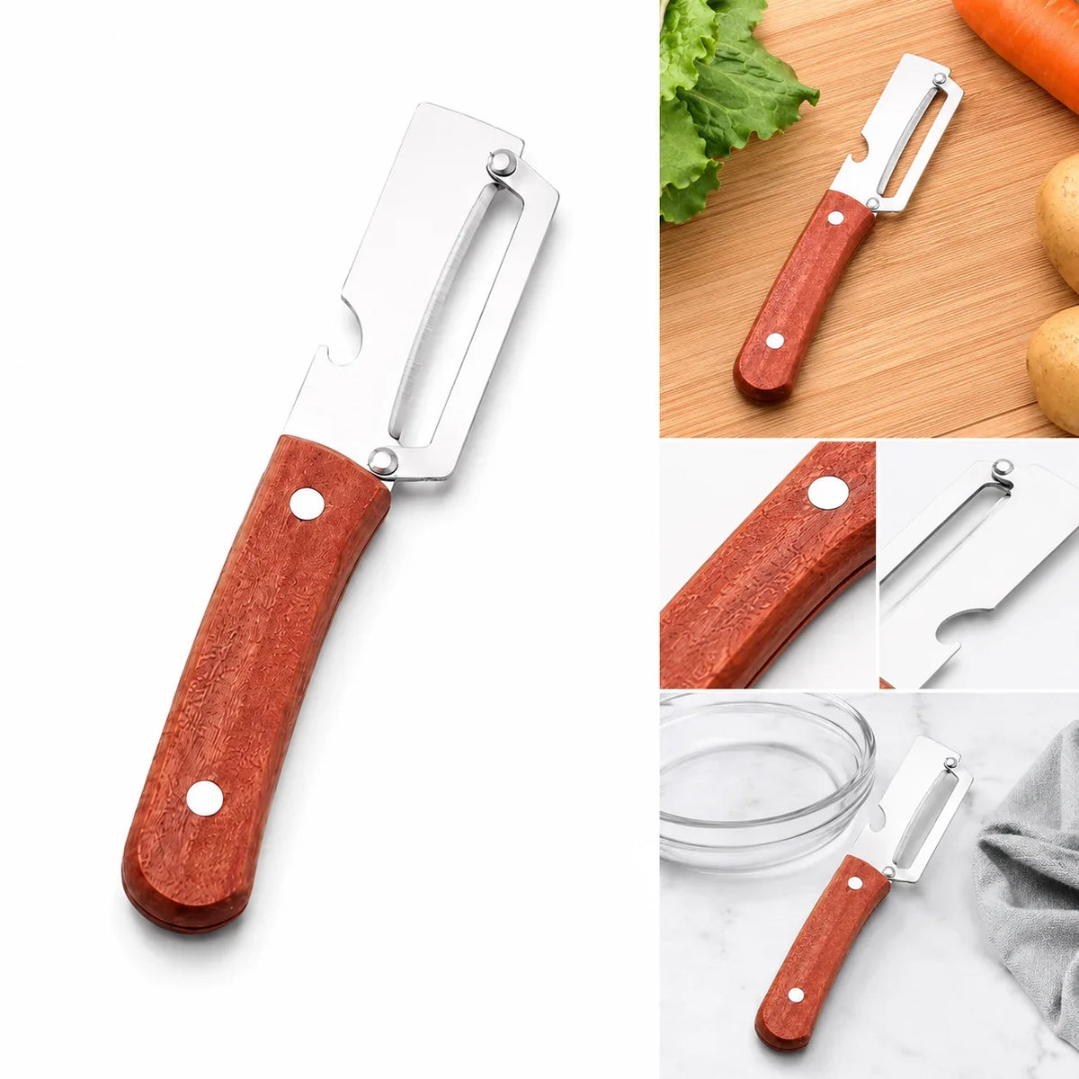 Stainless Steel Vegetable Peeler with Wooden Handle & Bottle Opener