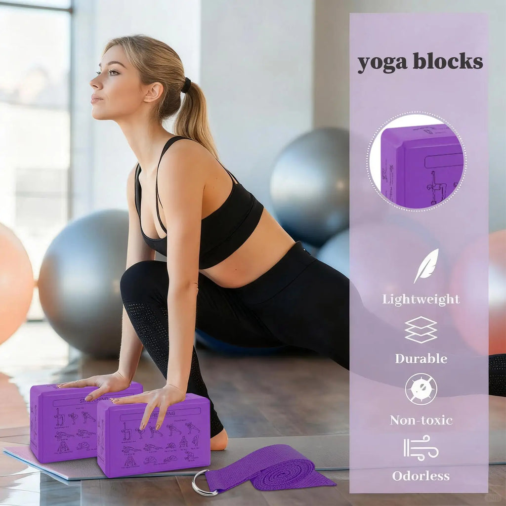 2-Pack EVA Yoga Blocks & Stretch Strap | Non-Slip Foam Bricks
