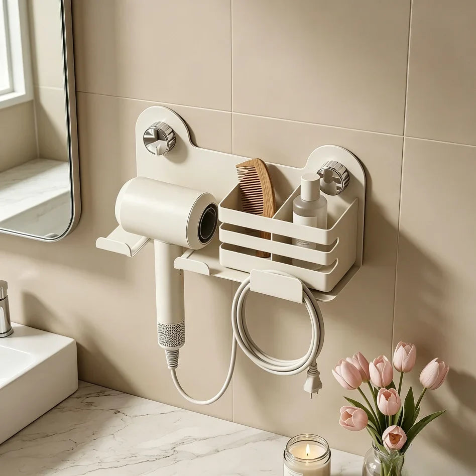 Punch-Free Wall Mount Hair Dryer Holder | Suction Cup Rack