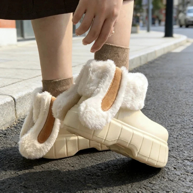 Women's Rabbit Ear Plush Platform Slippers – Waterproof Winter