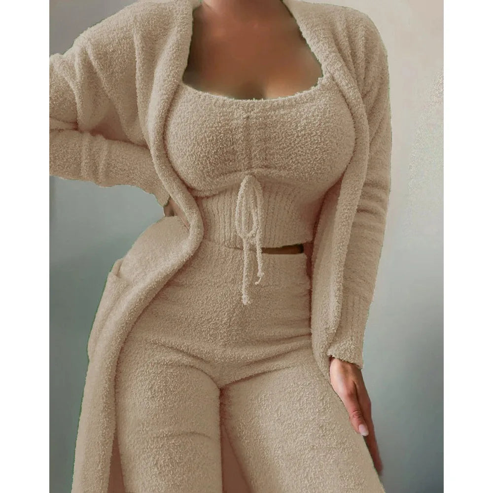 Women's Fluffy Winter Pajama Set 3-Piece Plus Size S–3XL