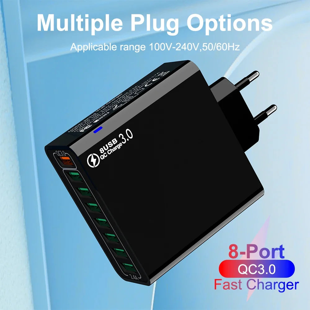 8-Port 65W USB Fast Charger | Quick Charge 3.0 Travel Adapter