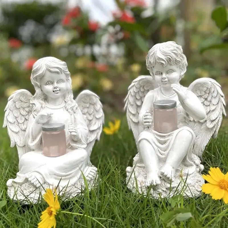 European Angel Statue Solar Garden Décor – Boy & Girl Resin