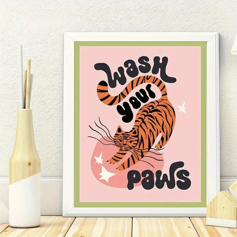 "Wash Your Paws" Funny Tiger Minimalist Canvas Wall Art Print
