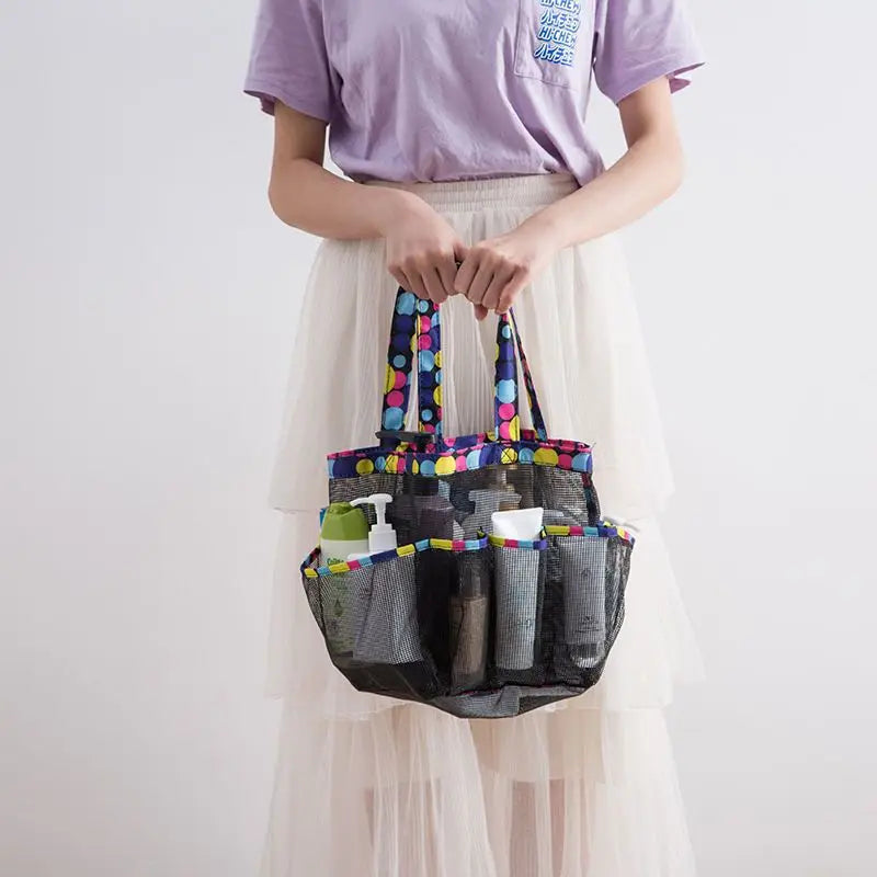Mesh Shower Caddy Tote – 8 Pockets & Oxford Handles | Black