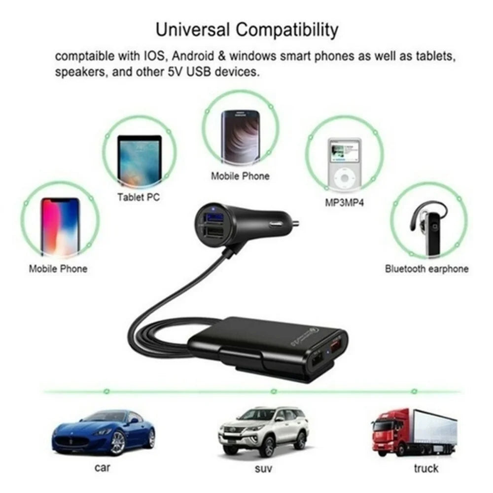 4-Port USB Car Charger QC3.0 Fast Charging – Front & Back Seat