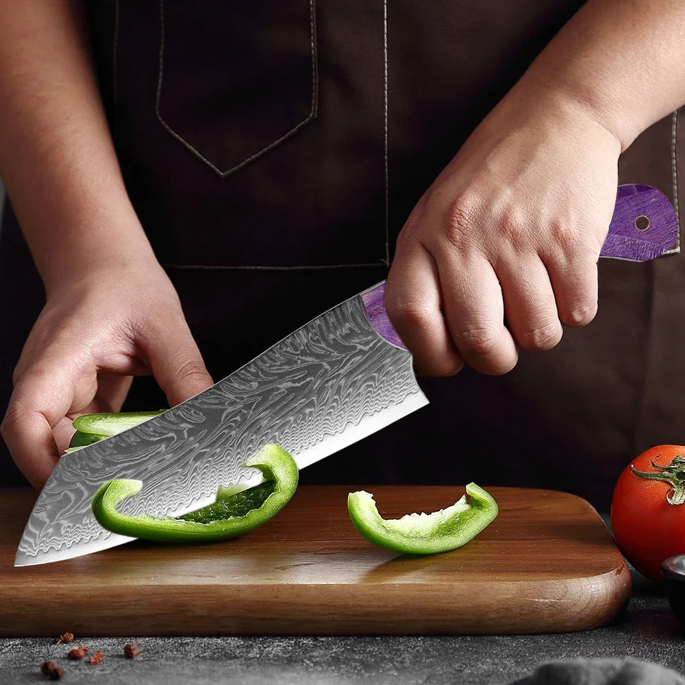 XITUO 7-Inch Damascus Santoku Knife – Purple Wood Handle