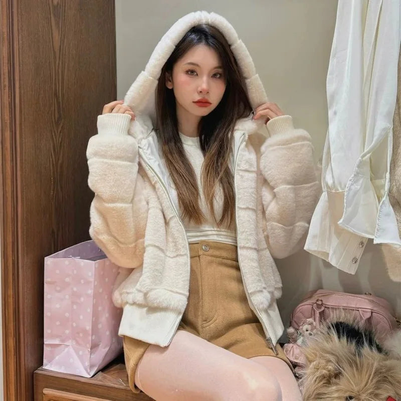 Women's Faux Mink Hoodie Jacket – Korean Style Winter Coat