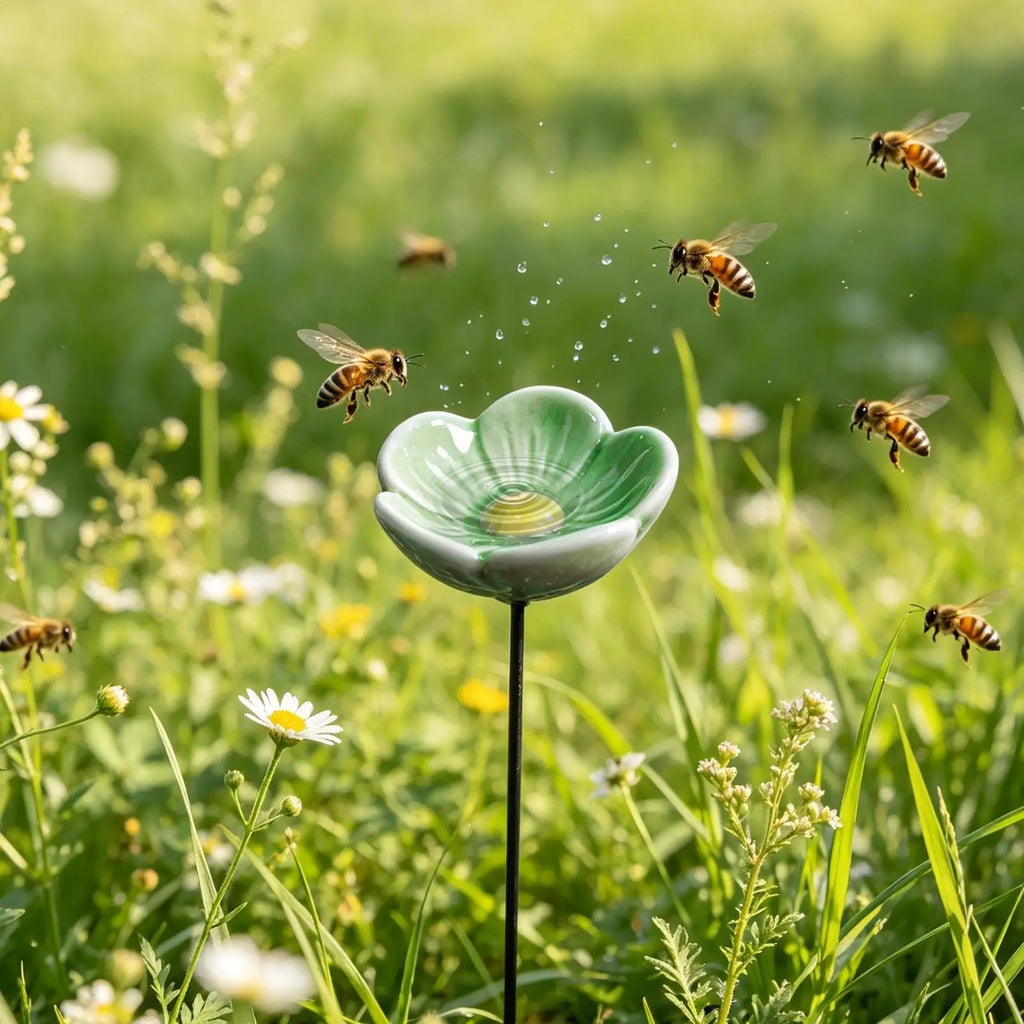 Ceramic Flower Bee Watering Station Garden Stake | Bird Bath