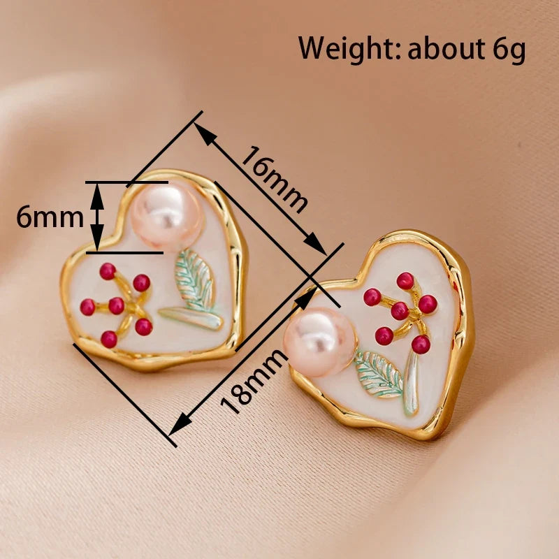 Huitan Enamel Floral Heart Stud Earrings – Pink Pearl Gold
