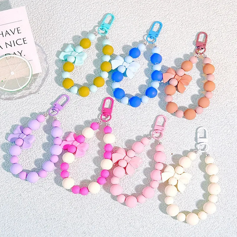 Pink Pearl Bow Keychain – Beaded Phone Charm & Bag Pendant