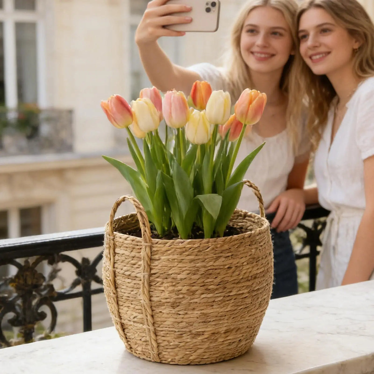 Rattan Planter Basket Floor-standing Flower Pot Handle Woven Plant