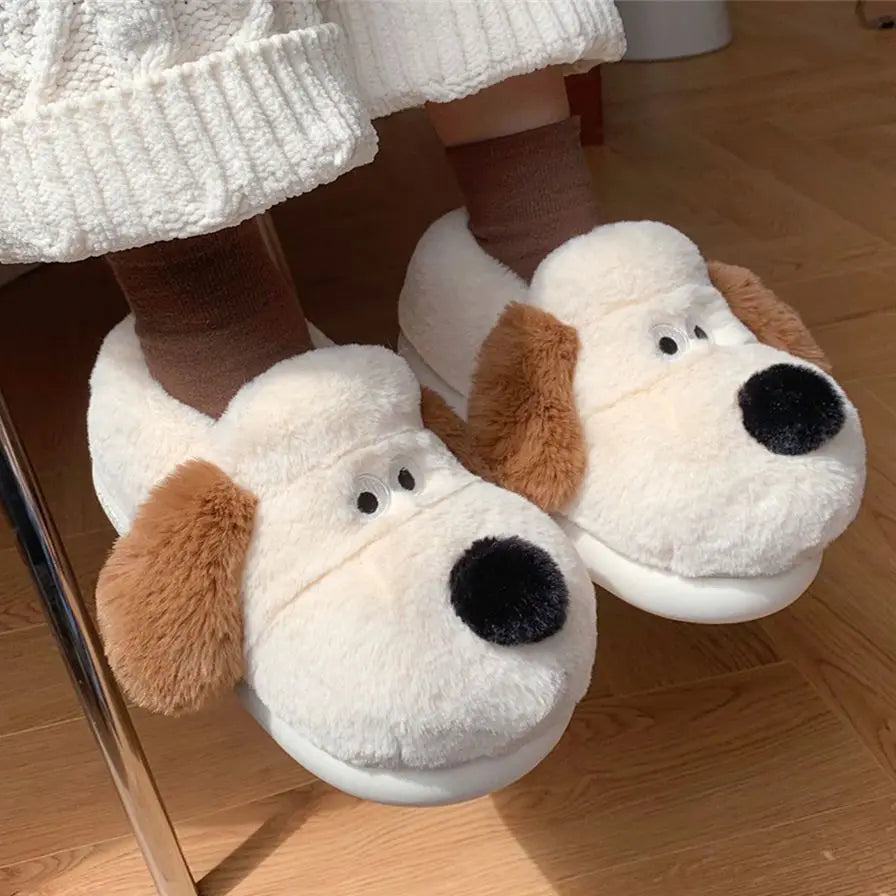 Fluffy Dog Slippers – Warm Furry Animal Slide Shoes for Women