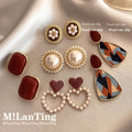 French Retro Burgundy Heart Stud Earrings | S925 Silver Needle