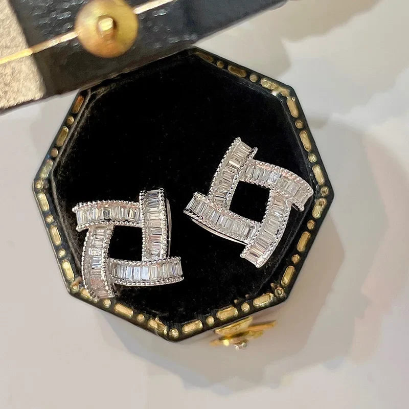 Huitan Square CZ Stud Earrings – Iced Out Crystal Geometric