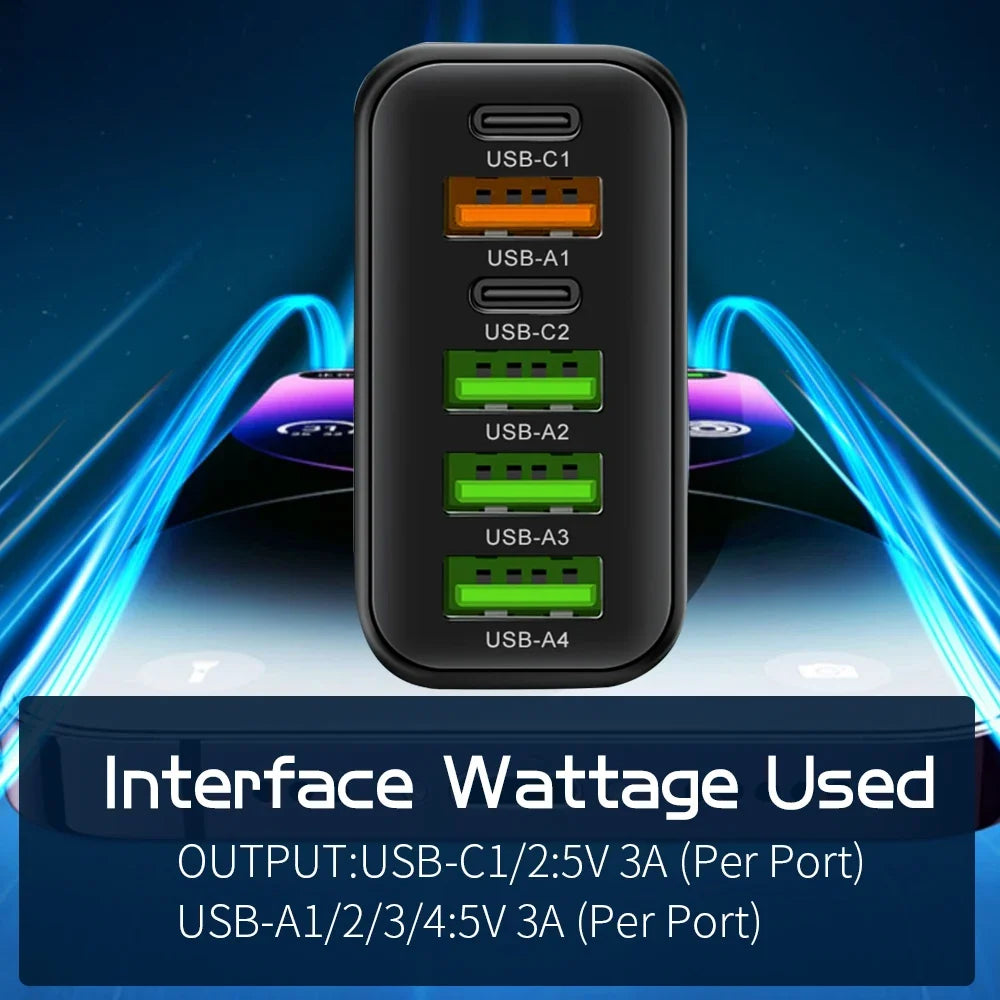 6-Port 65W USB-C Fast Charger Wall Adapter | EU & US Plug