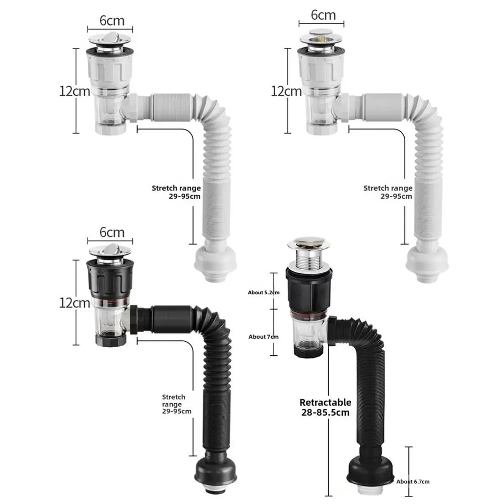 Retractable Flip Drain Pipe Stainless Steel Mesh Adjustable Length