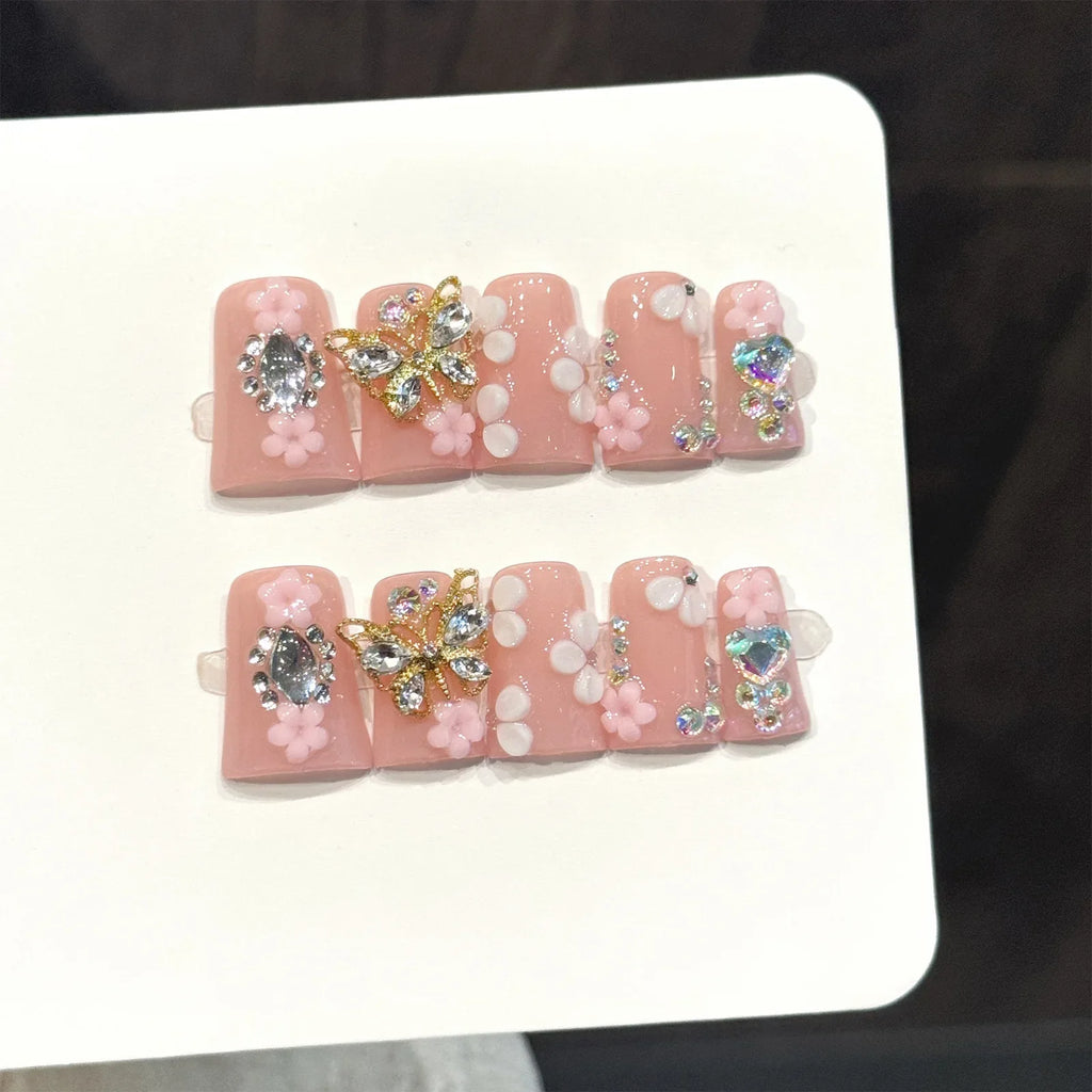 Handmade Press-On Nails Short Duck Tip Pink Floral Rhinestone 3D