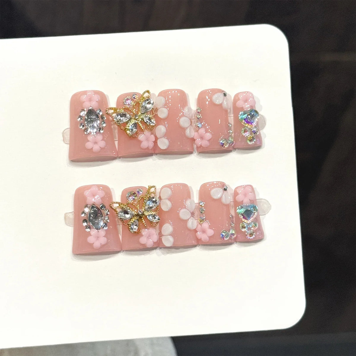 Handmade Press-On Nails Short Duck Tip Pink Floral Rhinestone 3D