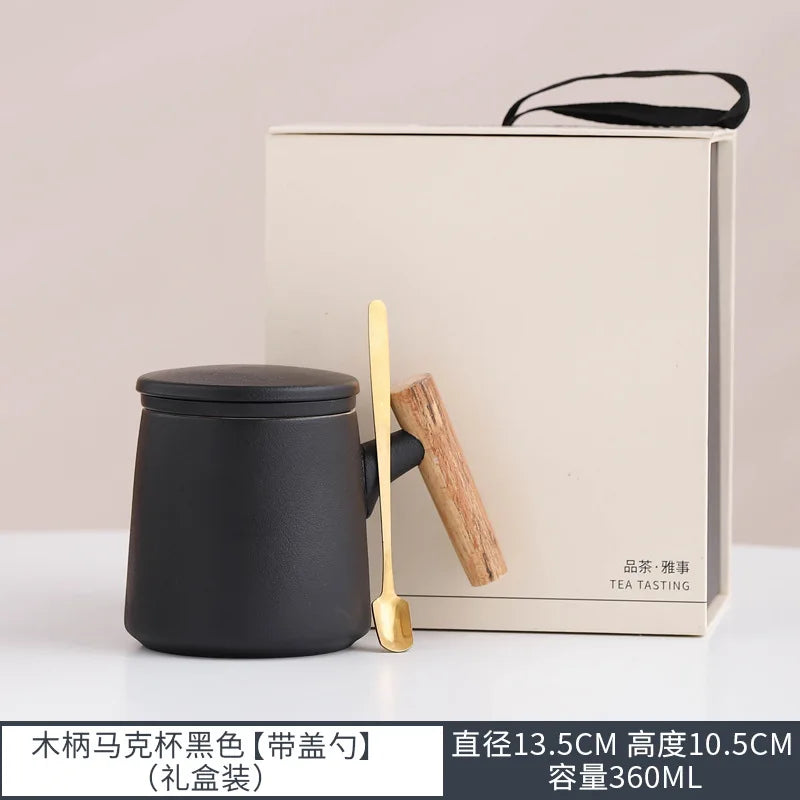 Office Wooden Handle Mug Japanese-style Ceramic Tea Cup Frosted Water