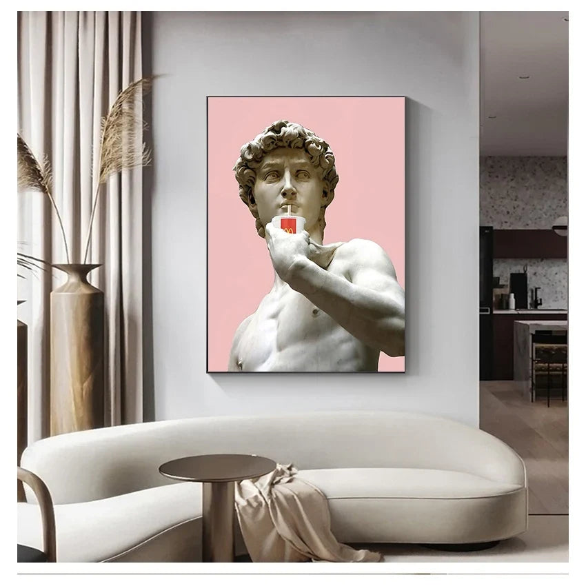 Vaporwave David Statue Canvas Wall Art | Modern Unframed Poster