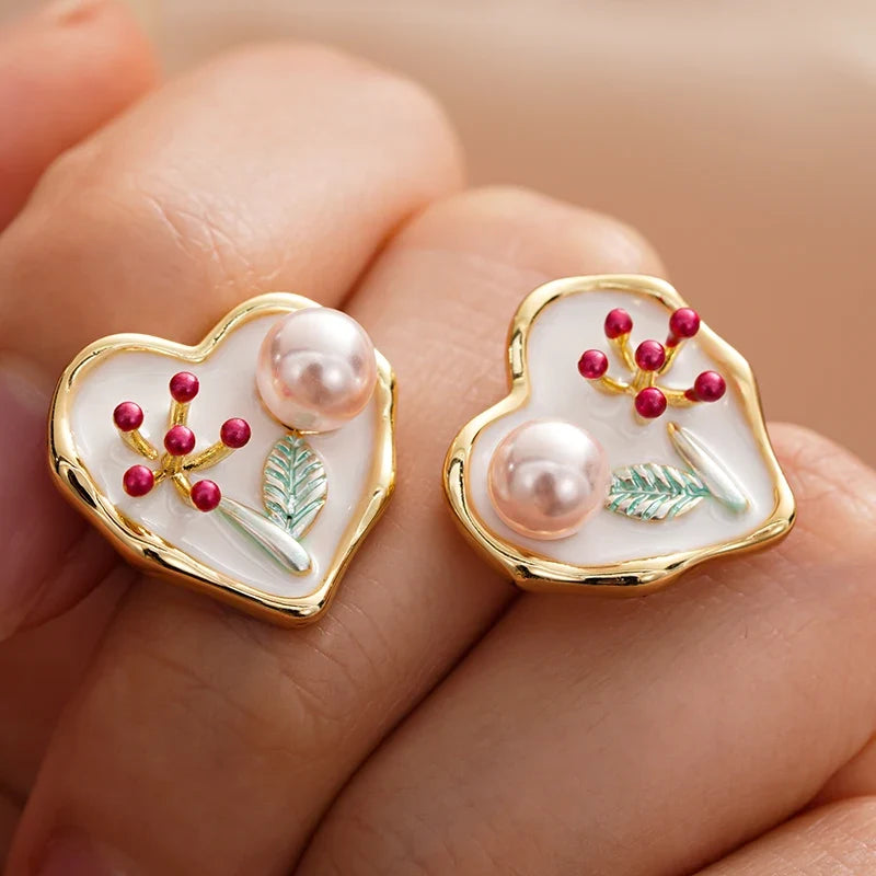 Huitan Enamel Floral Heart Stud Earrings – Pink Pearl Gold