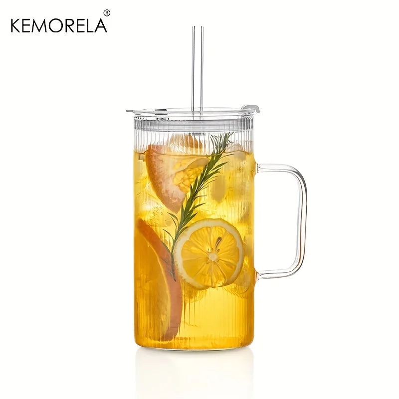 KEMORELA 740ml Ribbed Glass Tumbler with Handle, Lid & Straw