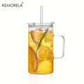 KEMORELA 740ml Ribbed Glass Tumbler with Handle, Lid & Straw