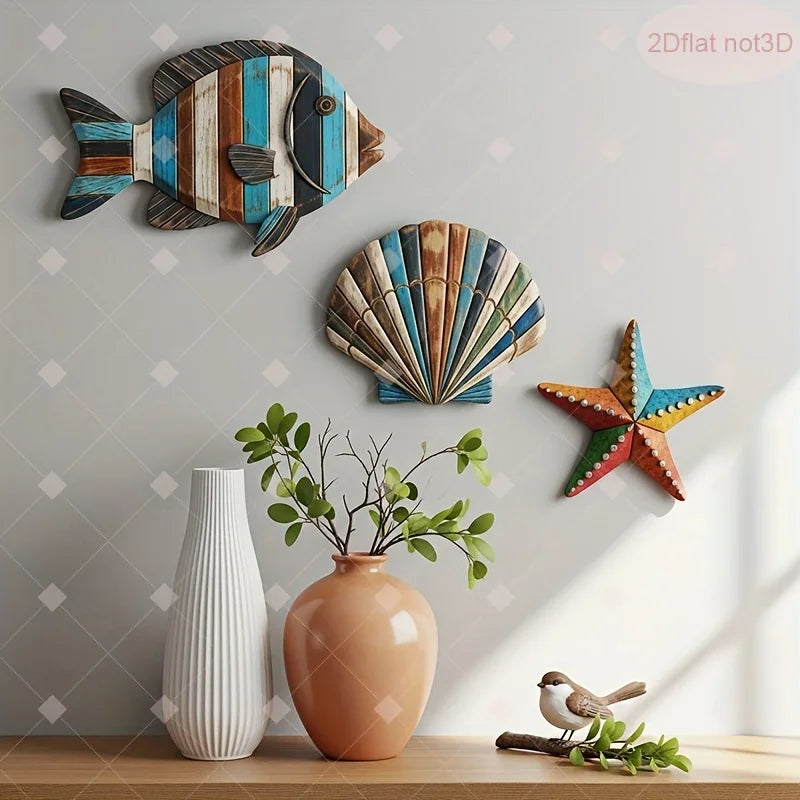 3-Piece Wooden Ocean Art – Fish Shell Starfish Farmhouse Decor
