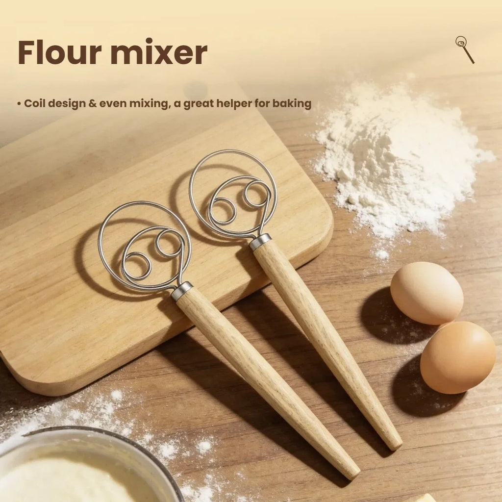 Danish Dough Whisk – Stainless Steel & Oak Wood Handle 13"