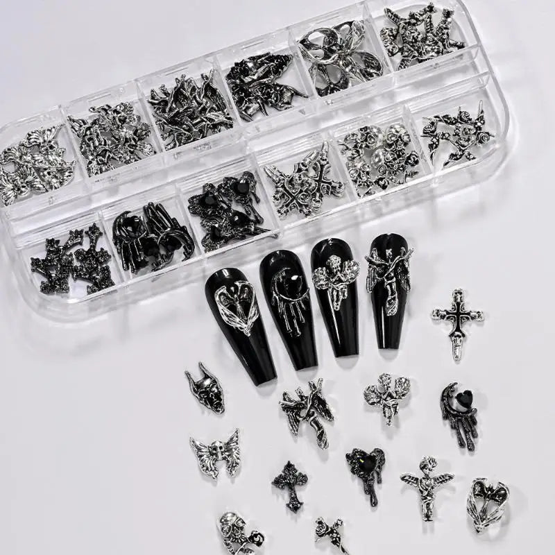 12-Grid Y2K Vintage Cross & Skull Nail Art Charms Set