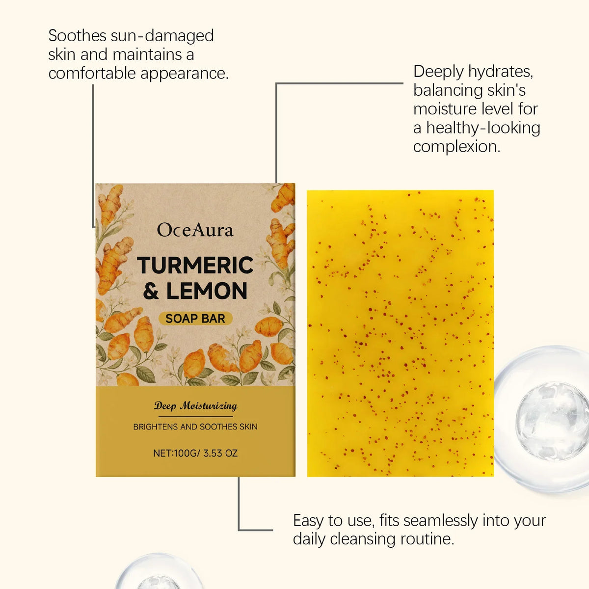 OceAura Turmeric Lemon Brightening Soap Bar – 100g Natural