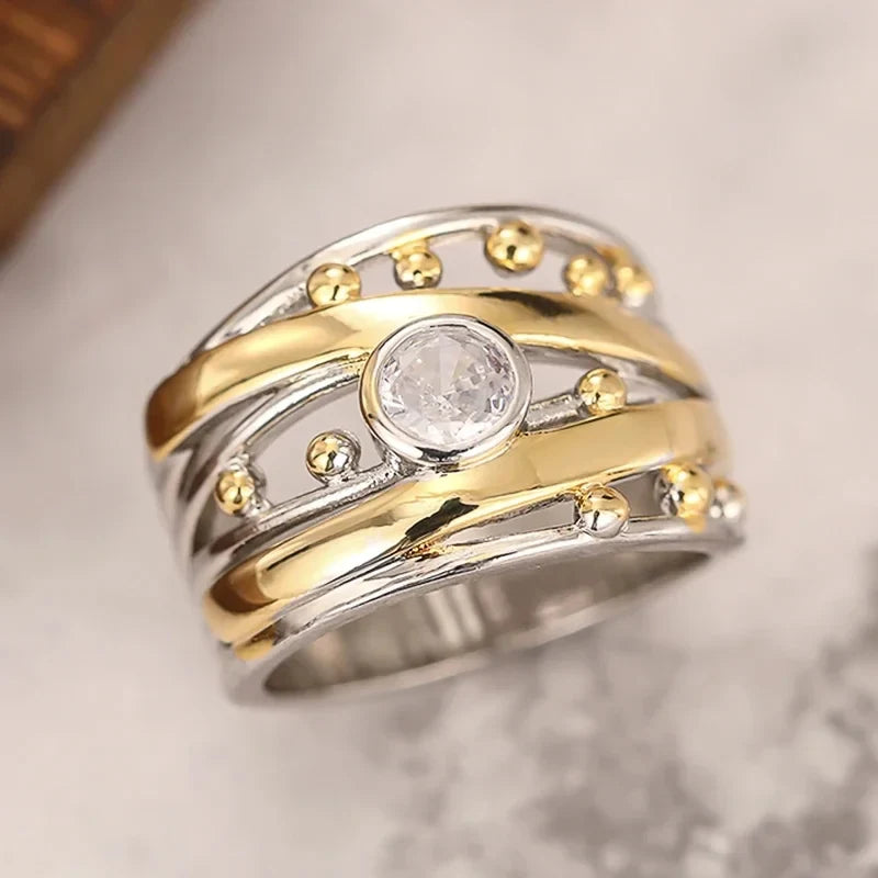 Huitan Two-Tone Cubic Zirconia Ring – Women's Fashion Band