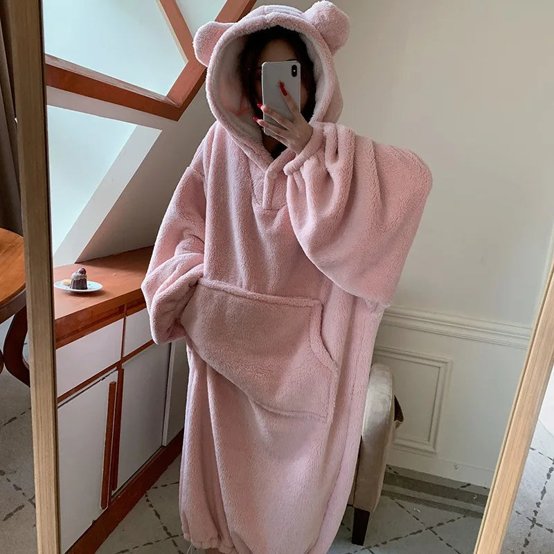 Women's Flannel Hooded Nightgown – Warm Padded Winter Homewear