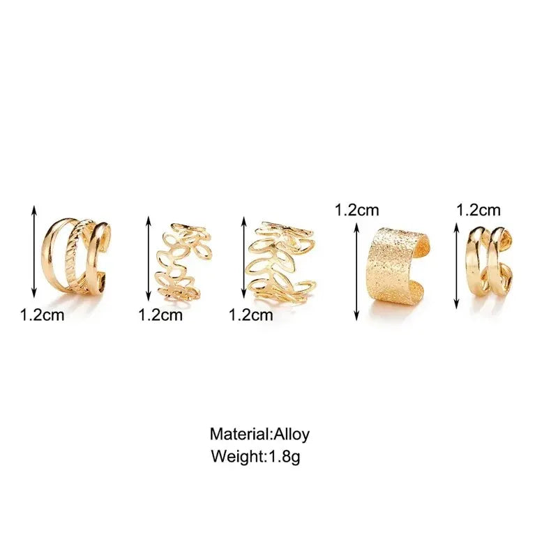 5-Piece Silver Leaf Clip Earring Set – Non-Piercing Ear Cuffs