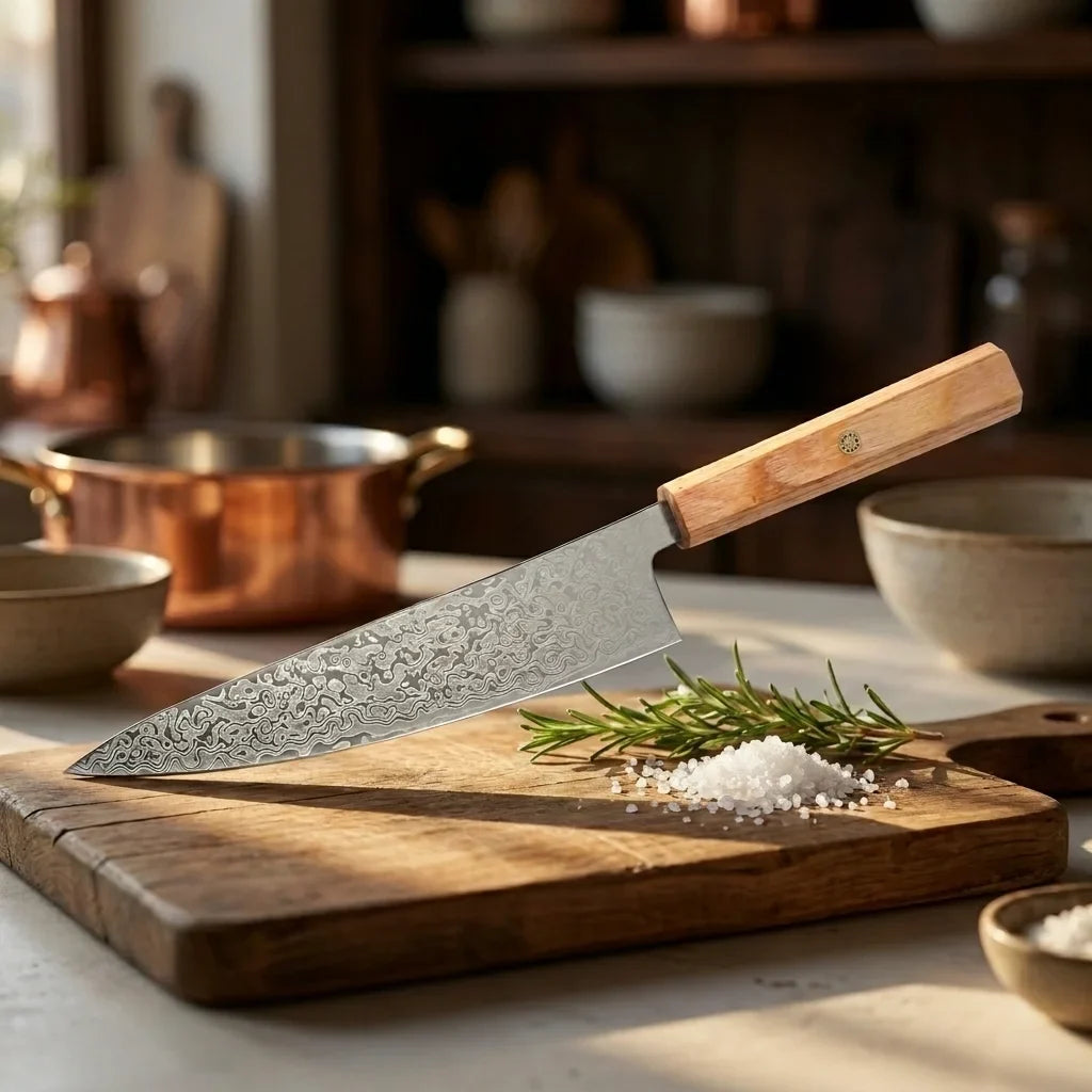 8" Damascus Texture Chef Knife – Carbon Steel & Wood Handle