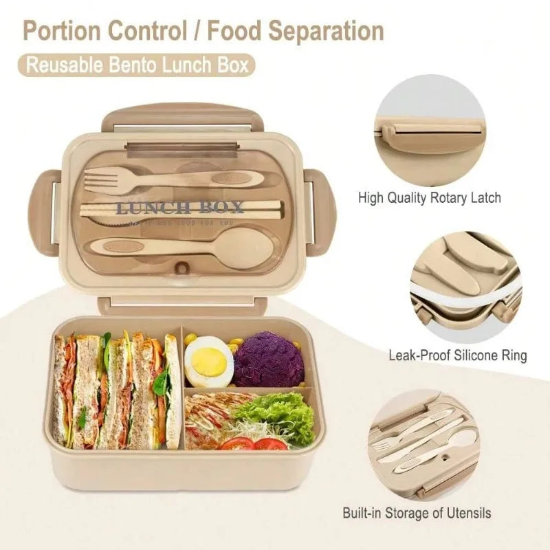 3-Compartment Bento Lunch Box with Built-In Utensils