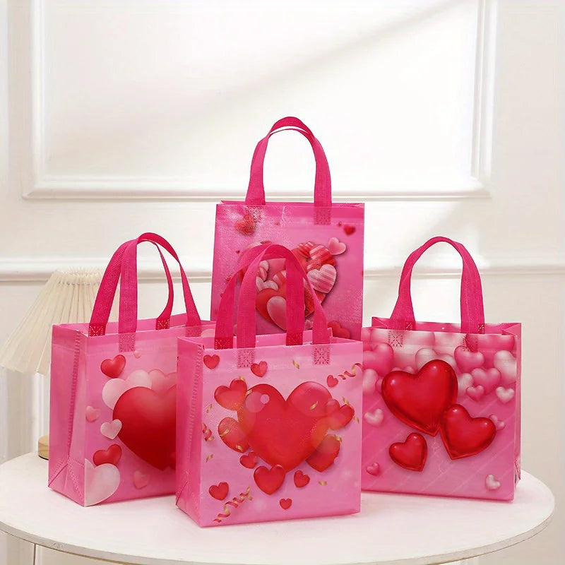 Pink Heart Non-Woven Tote Bags – 8pc Reusable Gift Bags