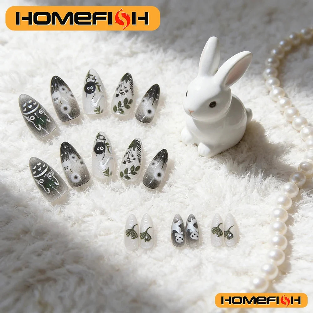24pcs Gradient Black Cat's Eye Press On Nails | Almond Glossy